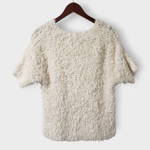 Nation Ltd. Shaggy Fuzzy Short Sleeve V-Neck Teddy Sweater Tee Cream Sz Small - Picture 5 of 12